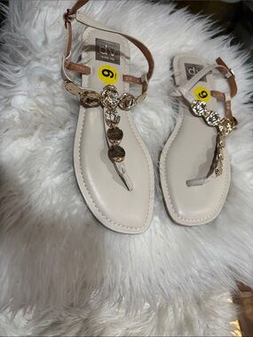 DV by Dolce Vita Cream T-Strap Sandals with Gold Medallions